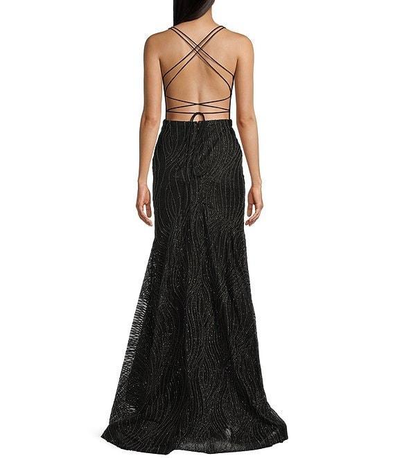 Blondie Nites Glitter Dot Print V-Neck Double Spaghetti Strap Corset Tie Back Dress Product Image