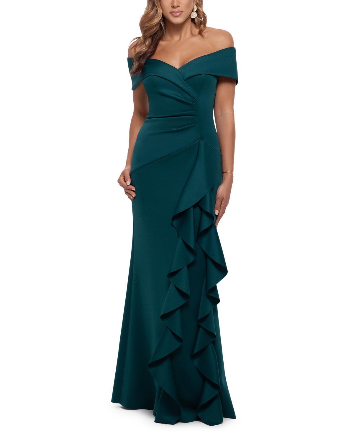 Xscape Petite Size Ruffled Off-the-Shoulder Short Sleeve Crepe Sheath Gown Product Image