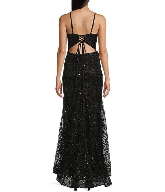 Blondie Nites Glitter Mesh Leaf Print V-Neck Tie Back Long Gown Product Image