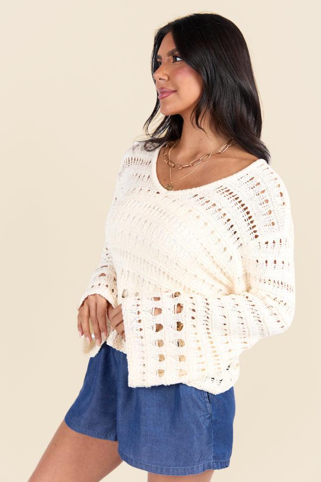 Chasing Daylight Cream Open Knit V-Neck Sweater SALE Product Image