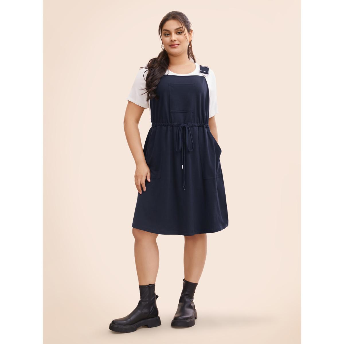 Plus Size Plain Pocket Drawstring Overall Dress Navy Women Casual Non Non Sleeveless Curvy BloomChic 12/L Product Image