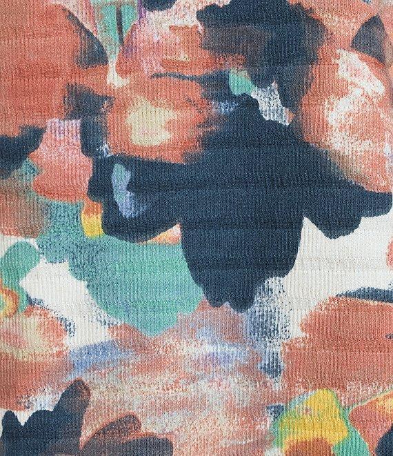 Westbound Knit Dark Denim Blur Floral 3/4 Ruched Sleeve Top Product Image