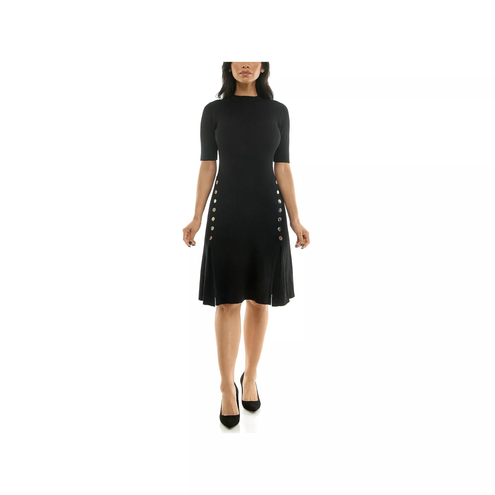 Women's Nina Leonard Ribbed Button Detail Dress, Size: Small, Black Product Image