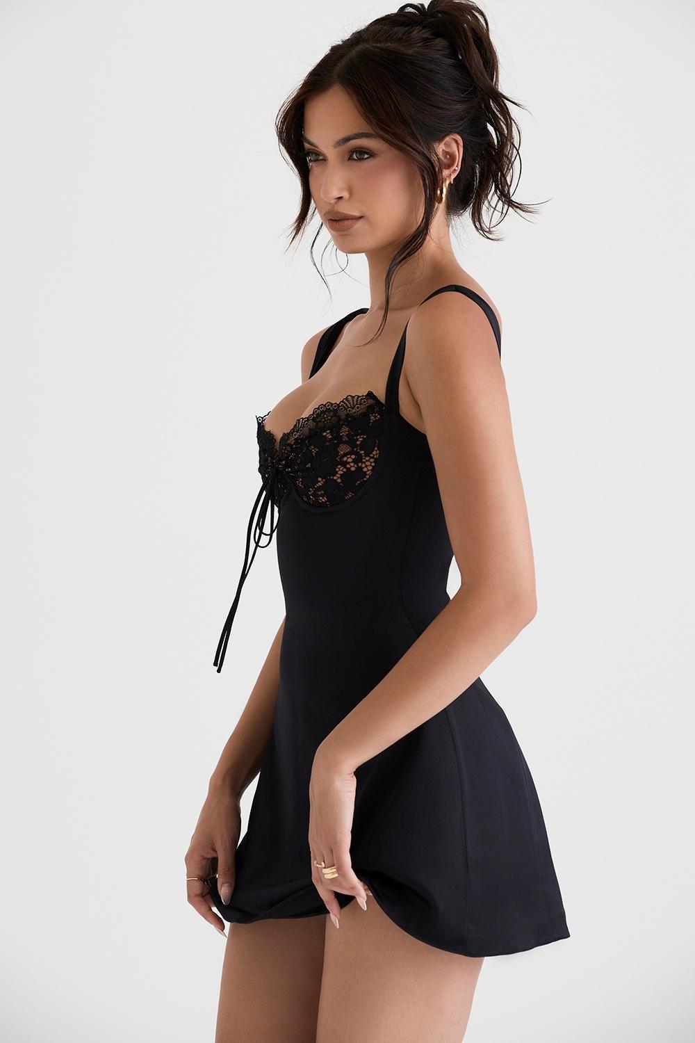 Adriana  black satin and lace mini dress Product Image