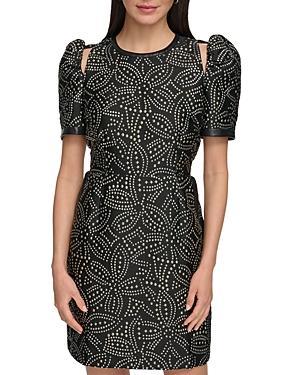 DKNY Short Sleeve Faux Stud Shoulder Cut Dress (Silver/Black) Women's Clothing Product Image