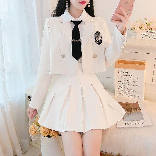 Plain Shirt / High Waist Pleated Mini A-Line Skirt / Embroidered Cropped Double-Breasted Blazer / Set Product Image