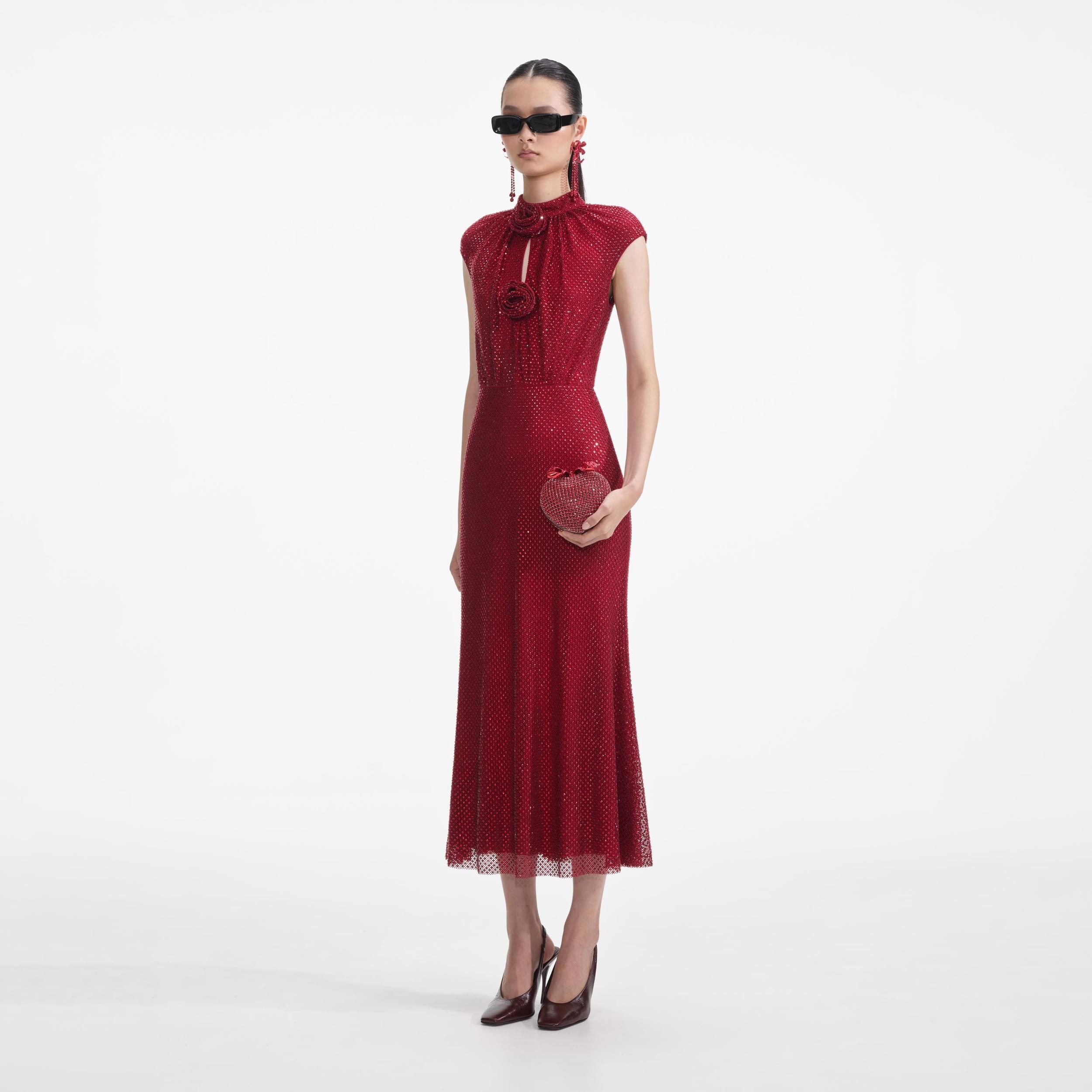 Red Rhinestone Fishnet Midi Dress Product Image