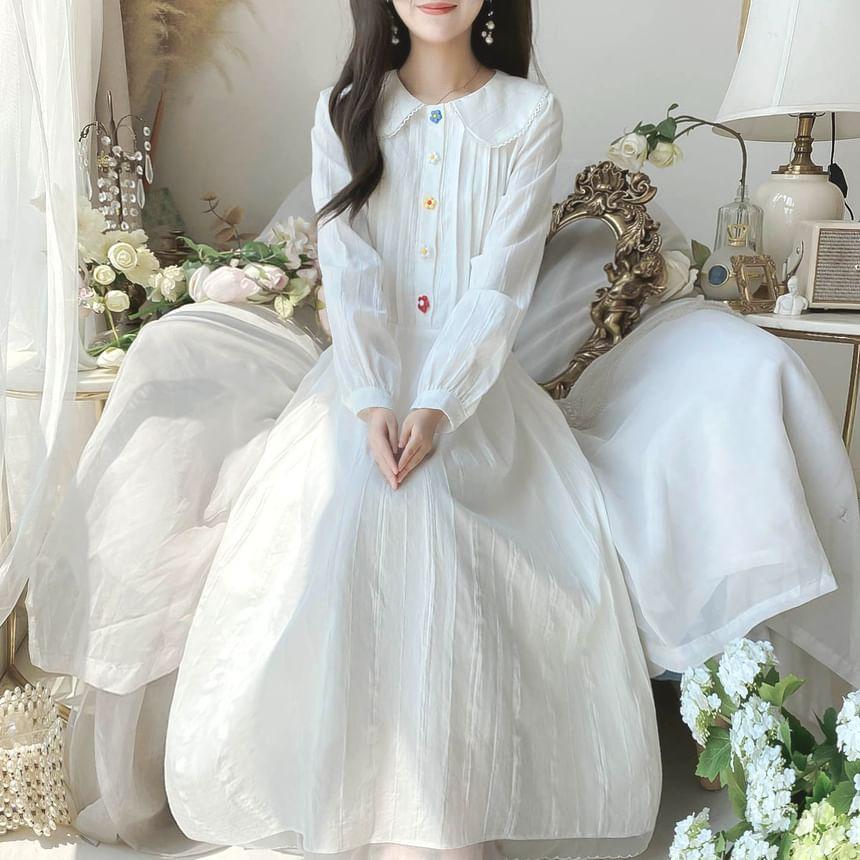 Long-Sleeve Peter Pan Collar Plain Lace Trim Pintuck Floral Buttoned Midi A-Line Dress Product Image
