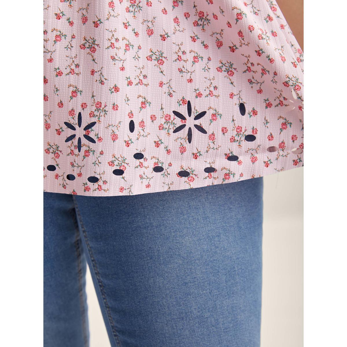 Plus Size Lightpink Shirred Laser Cut Hem Floral Blouse Women Cap Sleeve V-neck Everyday-Elegant Blouses BloomChic 28/5X Product Image