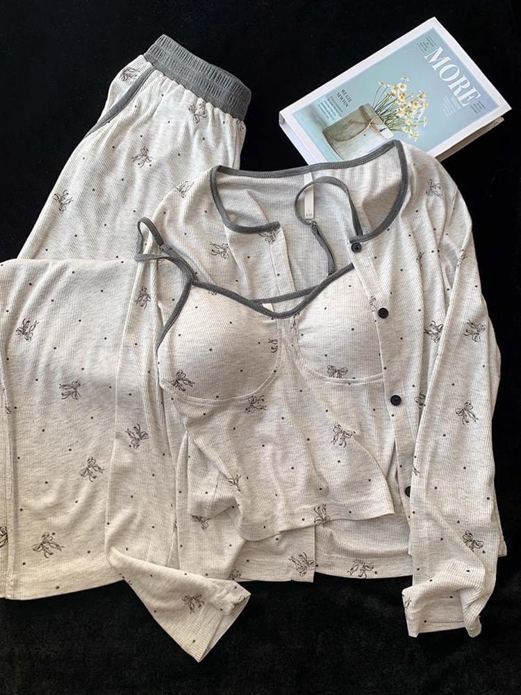 Pajama Set: Bow Print Camisole Top + Button-Up Shirt + Pants Product Image