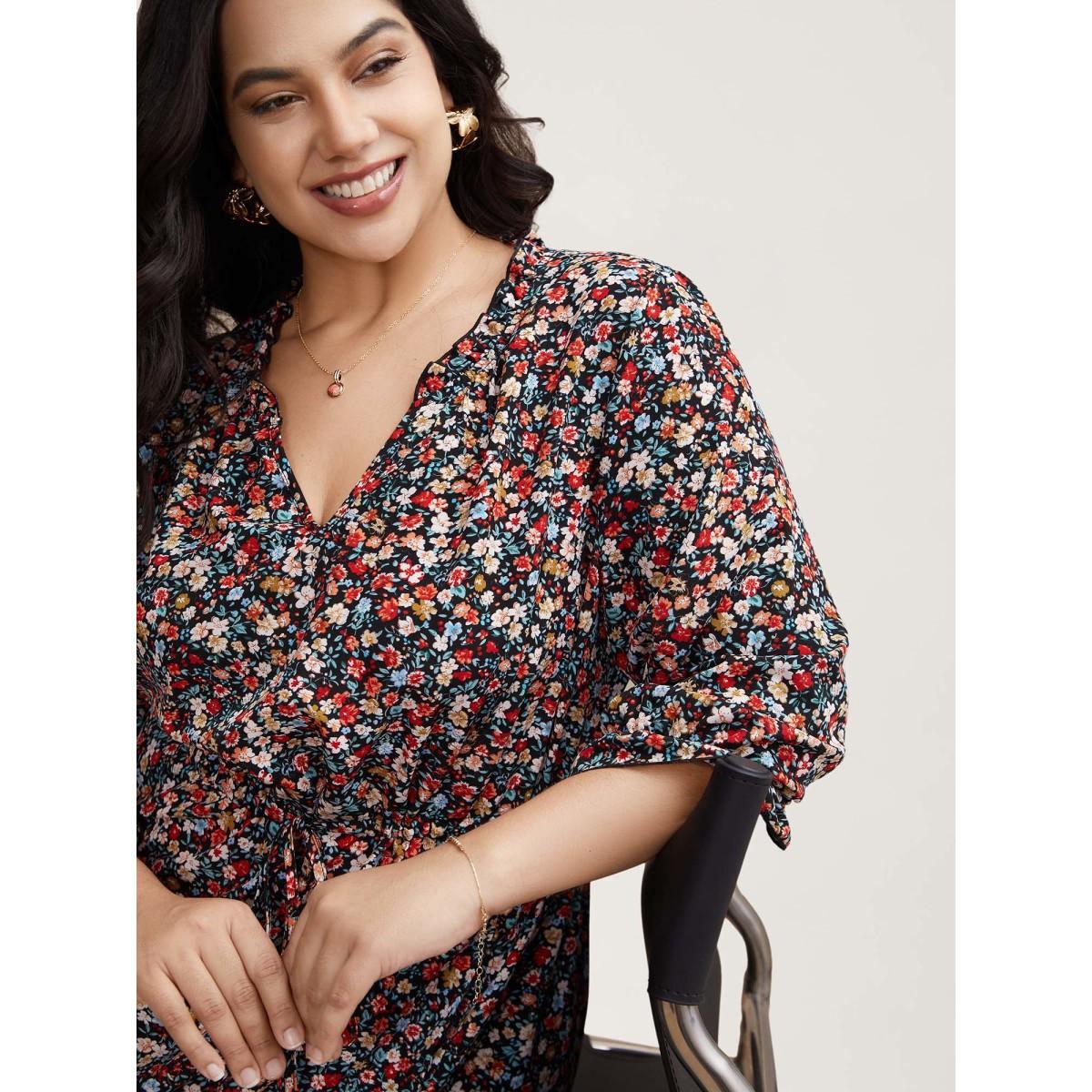 Plus Size Floral Print Drawstring Pockets Flared Midi Dress Black Women Elegant Drawstring Notched collar Elbow-length sleeve Curvy BloomChic 30/6X Product Image