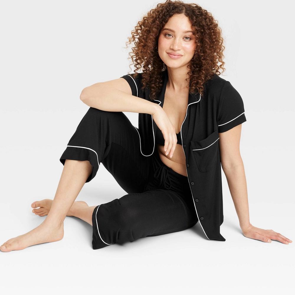 Women's Cloud Knit Short Sleeve Notch Collar Top and Cropped Pants Pajama Set - Auden™ Black M: Modal Spandex Blend Product Image