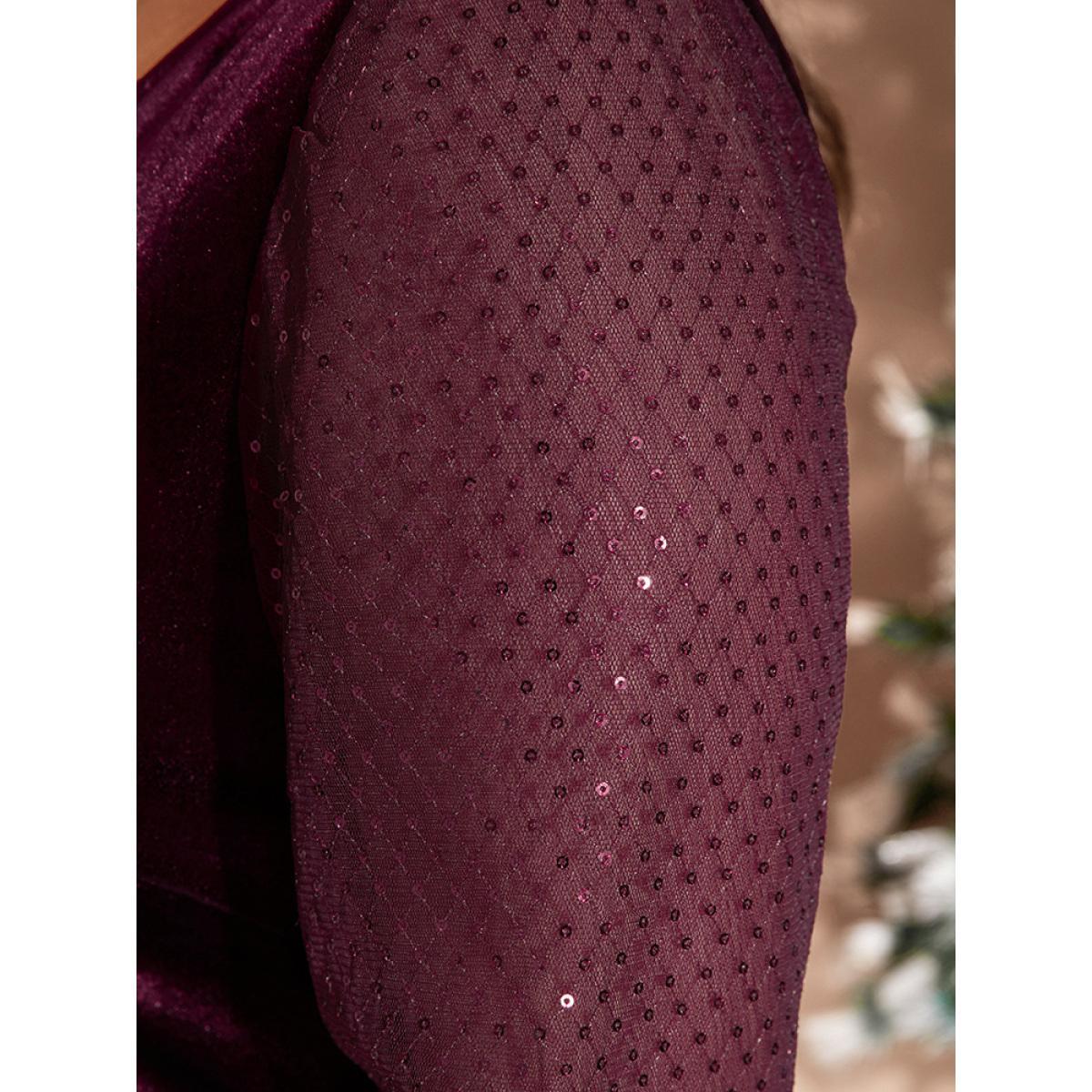 Plus Size Solid V Neck Sequin Velvet Dress Without Belt Scarlet Women Dating V-neck Long Sleeve Curvy Midi Dress BloomChic 18-20/2X Product Image