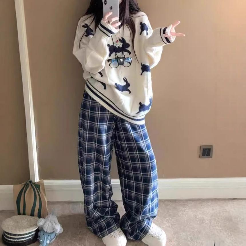Drawstring Waist Plaid Wide Leg Pants Product Image