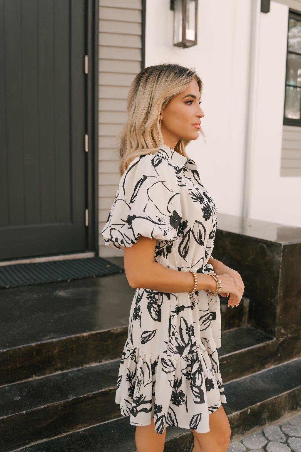 Ivory Puff Sleeve Print Mini Dress Product Image
