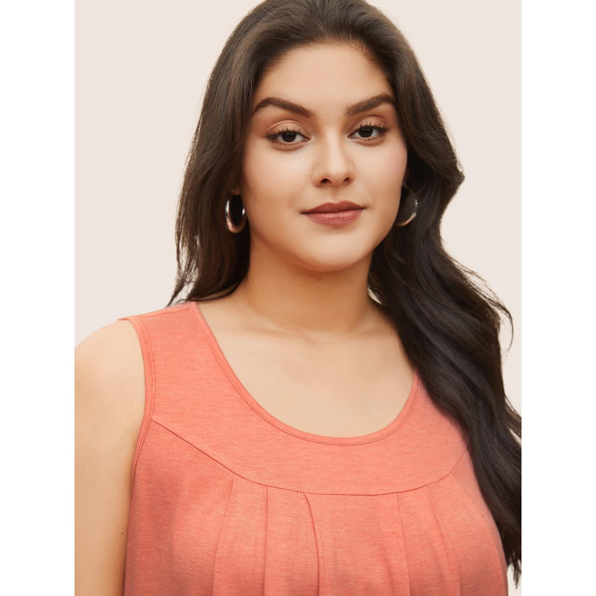 Plus Size Plain Round Neck Plicated Detail Tank Top Women Salmon Elegant Non U-neck Everyday Tank Tops Camis BloomChic 28/5X Product Image