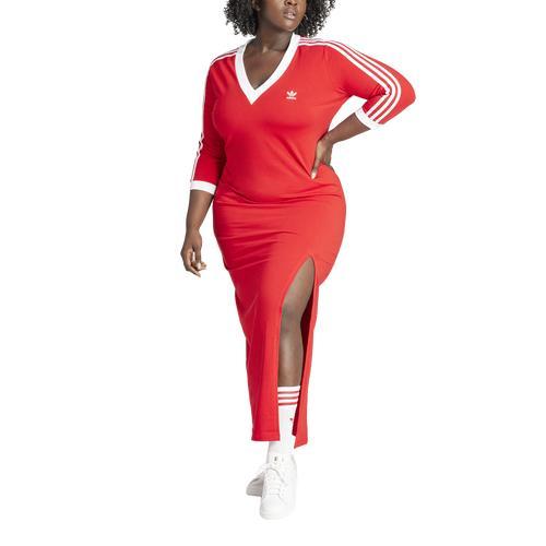 adidas Adicolor Classics 3-Stripes V-Neck Maxi Dress (Plus Size) Better Scarlet 4X Womens Product Image