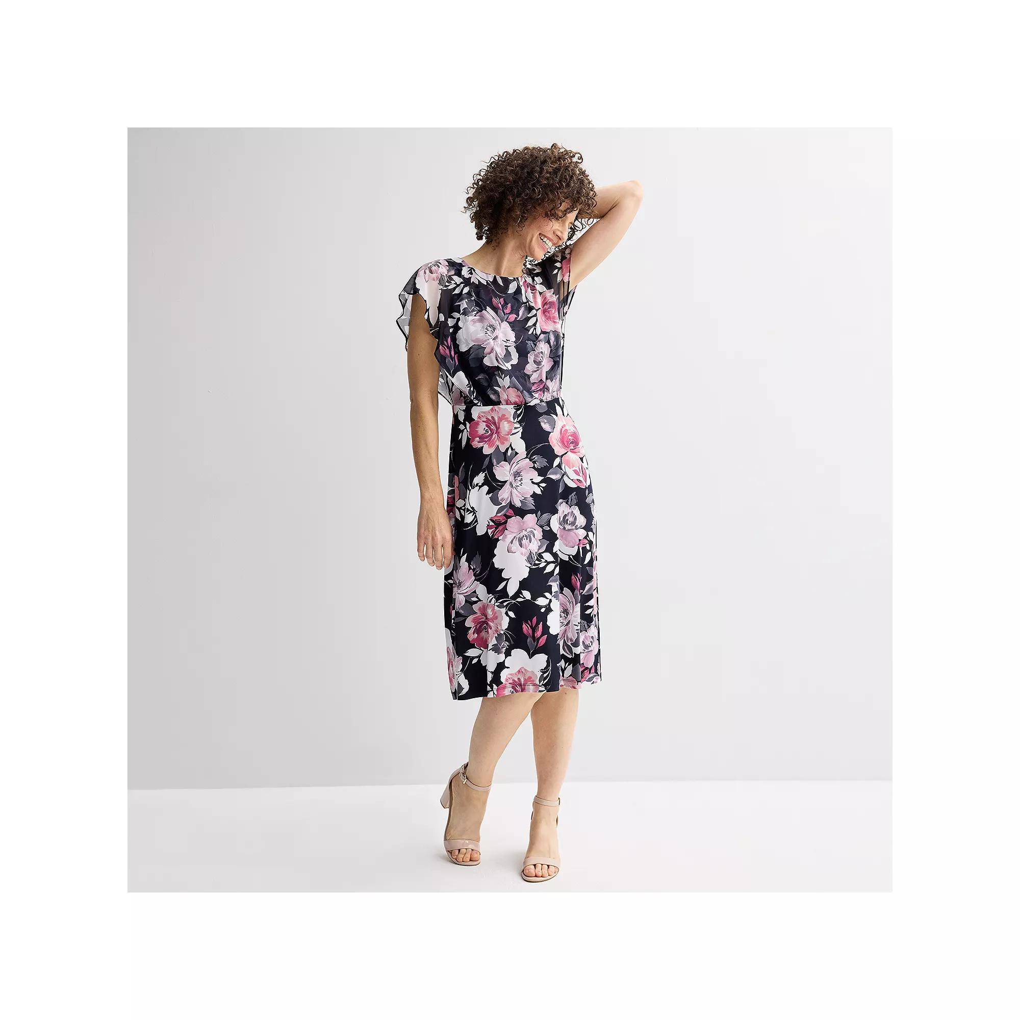 Women's Connected Apparel Printed Sheer Overlay Bib Dress, Size: 4, Navy Pink Product Image