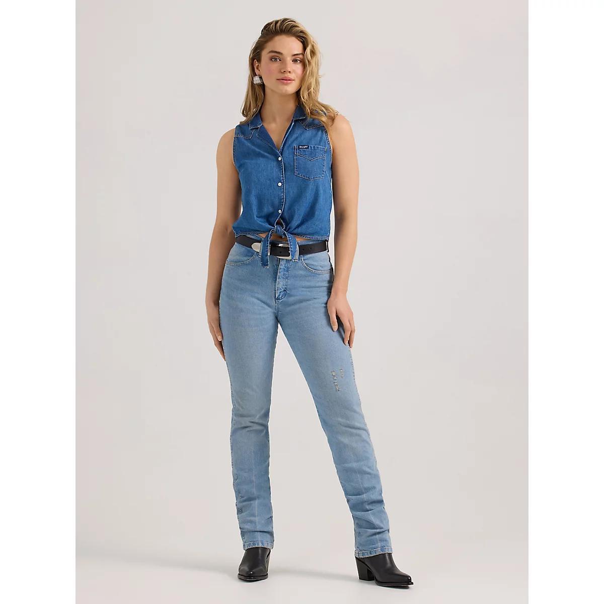 Women's Denim Sleeveless Tie Front Shirt | Women's TOPS | Wrangler® Product Image