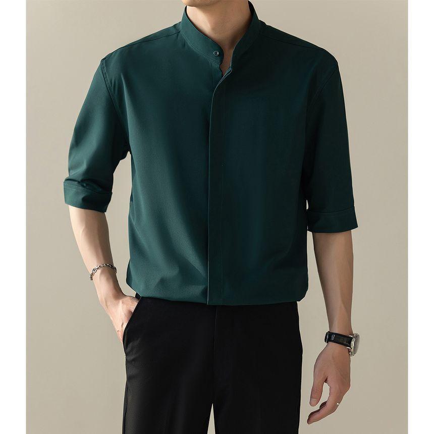 Elbow-Sleeve Plain Shirt / High Waist Cropped Tapered Pants / Set Product Image