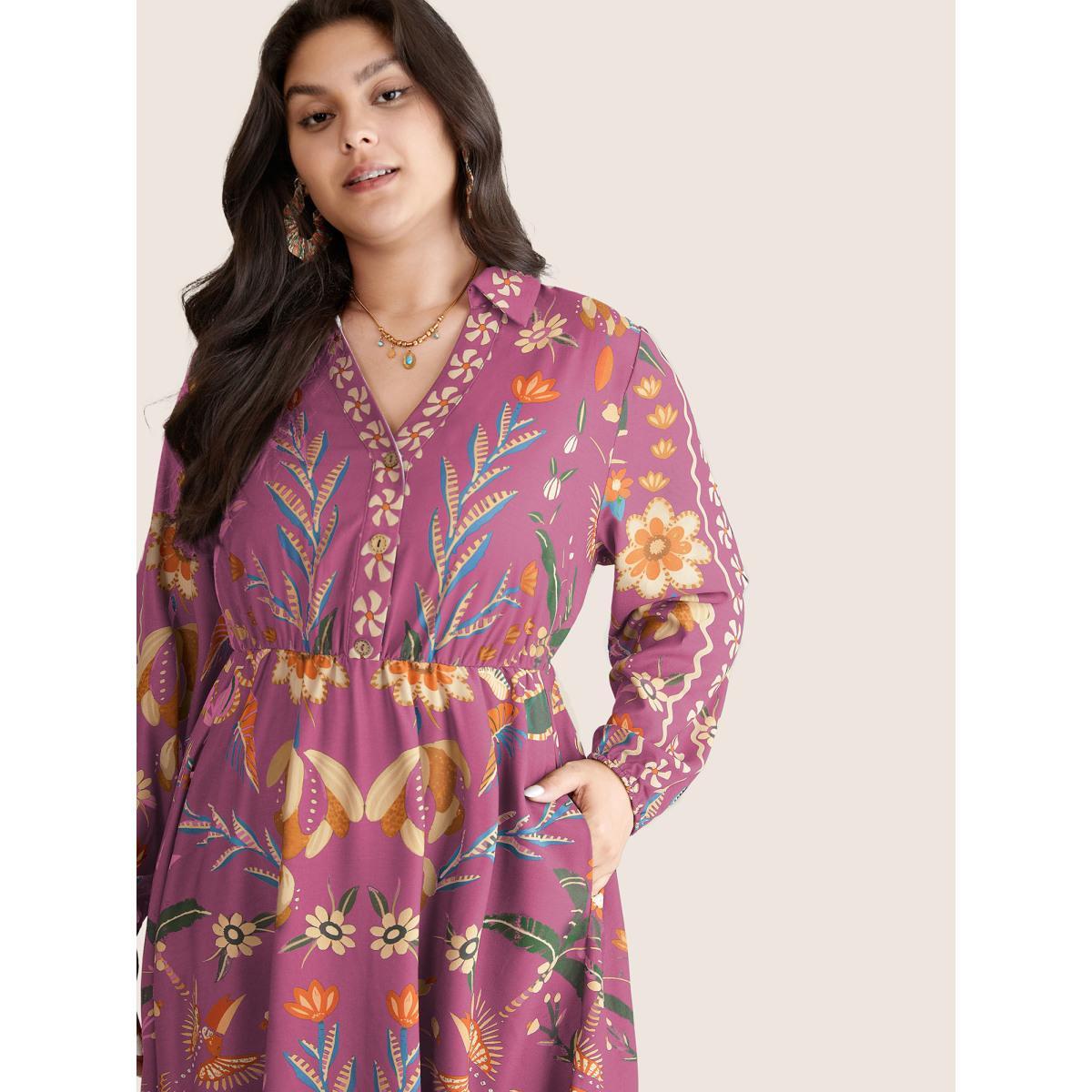 Plus Size Bandana Print Pocket Lapel Collar Elastic Cuffs Dress Lilac Women Resort Non V-neck Long Sleeve Curvy Midi Dress BloomChic 14-16/1X Product Image