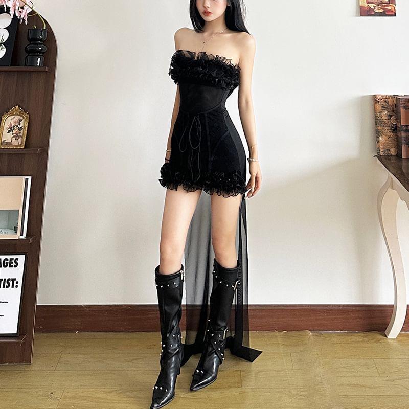 Strapless Plain Ruffle Hem Lace-Up Bodycon Mini Dress Product Image