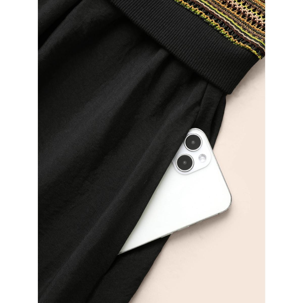 Plus Size Striped Patchwork Texture Lantern Sleeve Dress Black Women Elegant Texture Round Neck Long Sleeve Curvy BloomChic 12/L Product Image