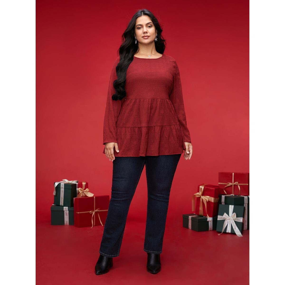 Plus Size Deepred Textured Round Neck Tiered Hem Blouse Women Casual Long Sleeve Round Neck Everyday Blouses BloomChic 30/6X Product Image