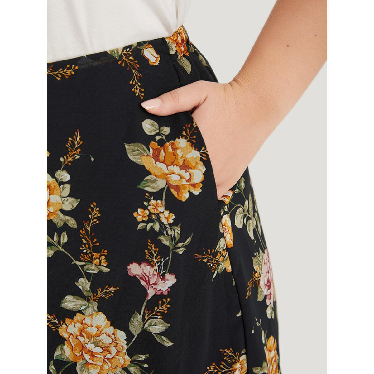 Plus Size Floral Printed Flutter Layered Skirt Women Black Elegant See through No stretch Pocket Dailywear Skirts BloomChic 22-24/3X Product Image