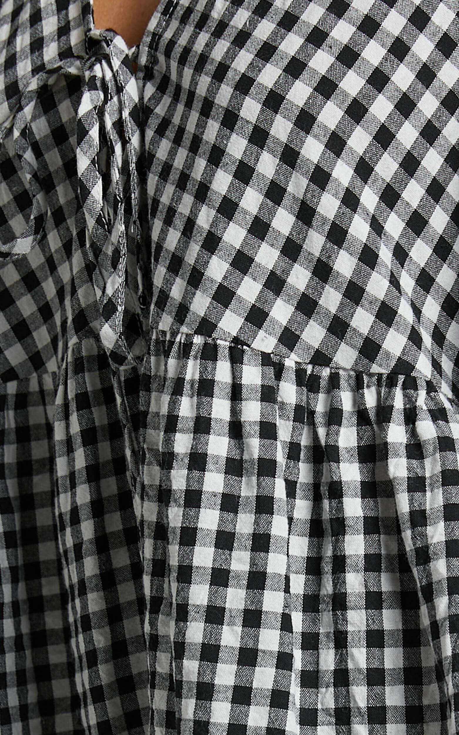 Rosita Mini Dress - Tie Front Puff Sleeve Dress in Black and White Check Product Image