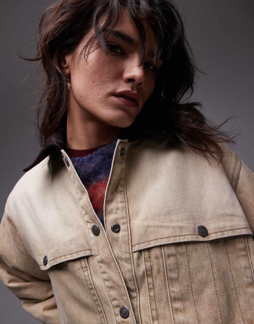 Topshop denim barn jacket with cord collar in beige Product Image