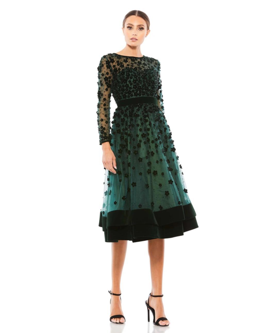 Long Sleeve Fit & Flare Velvet Embellished Cocktail Dress In Emerald Green Product Image