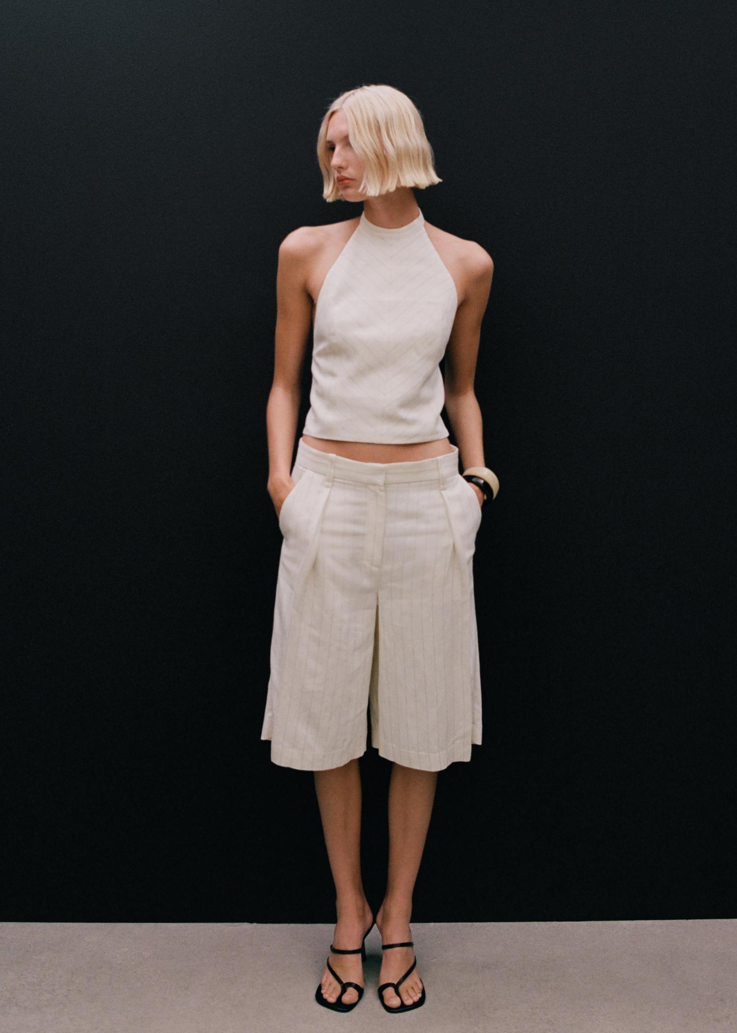 Striped linen-blend bermuda shorts - Women | MANGO USA Product Image