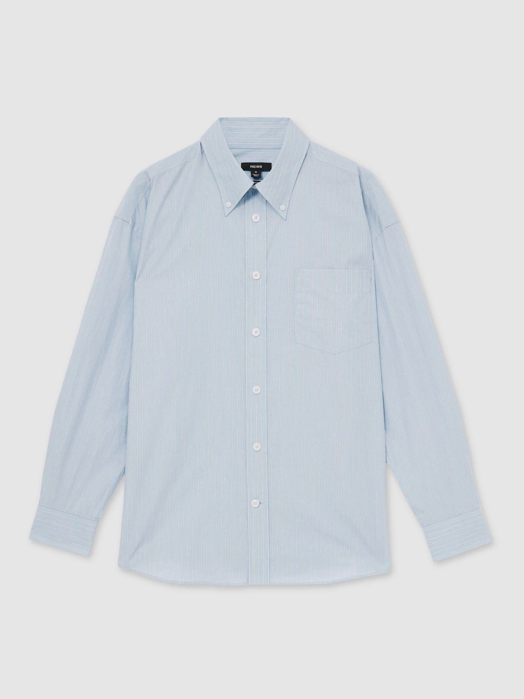 Oversized Poplin Stripe 100% Cotton Shirt in Soft Blue/White Product Image