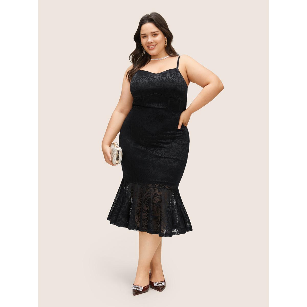 Plus Size Floral Lace Panel Mermaid Hem Cami Dress Black Women Cocktail See through Scoop Neck Sleeveless Curvy Midi Dress BloomChic 22-24/3X Product Image