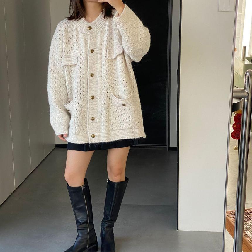 Round Neck Plain Button Oversized Knitted Cardigan Product Image