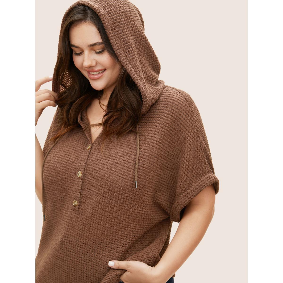 Plus Size Solid Hooded Drawstring Dolman Sleeve T-shirt DarkBrown Women Casual Texture Hooded Everyday T-shirts BloomChic 14-16/1X Product Image