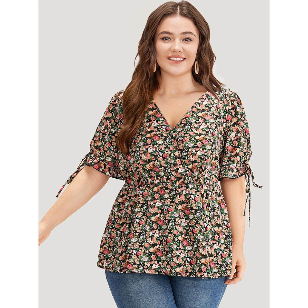 Plus Size Black Ditsy Floral Wrap Ties Gathered Ruffle Hem Blouse Women Elegant Short sleeve V-neck Dailywear Blouses BloomChic 22-24/3X Product Image