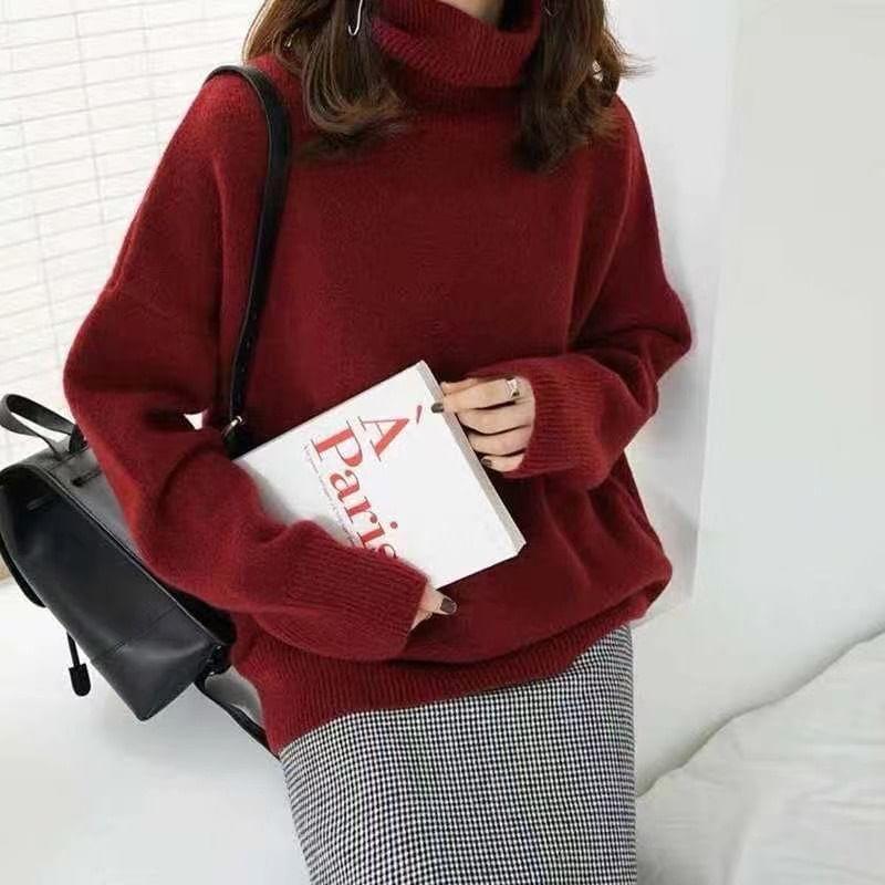 Drop Shoulder Turtleneck Plain Oversized Sweater Product Image