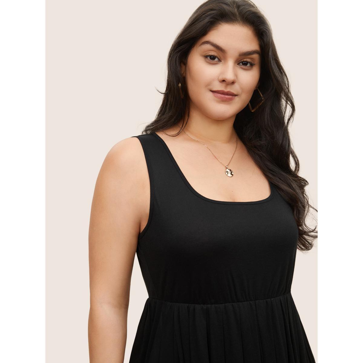 Plus Size Supersoft Essentials Solid Gathered Tank Dress Black Women Basics Non U-neck Sleeveless Curvy Midi Dress BloomChic 26/4X Product Image