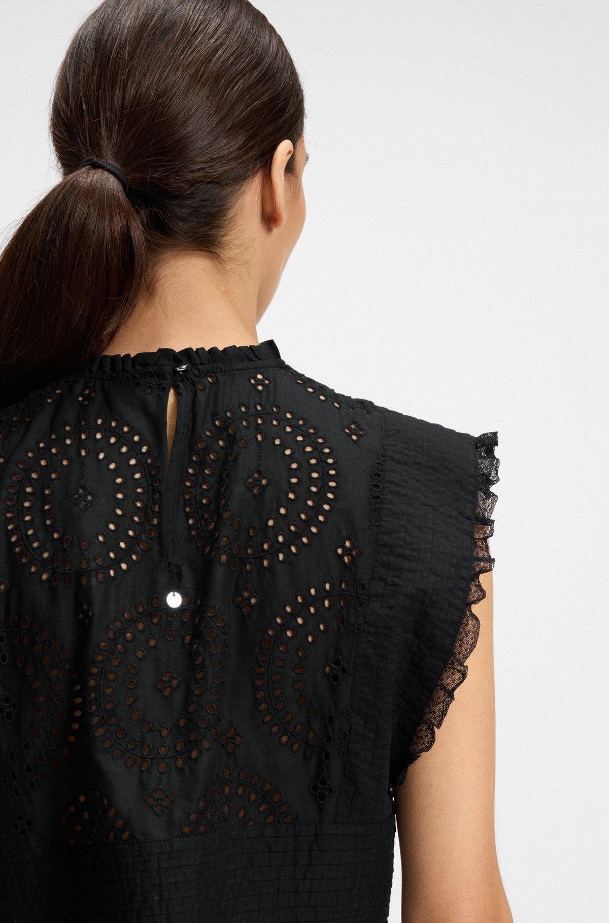 BOSS - Regular-fit blouse in cotton broderie with pleat details - Black Product Image