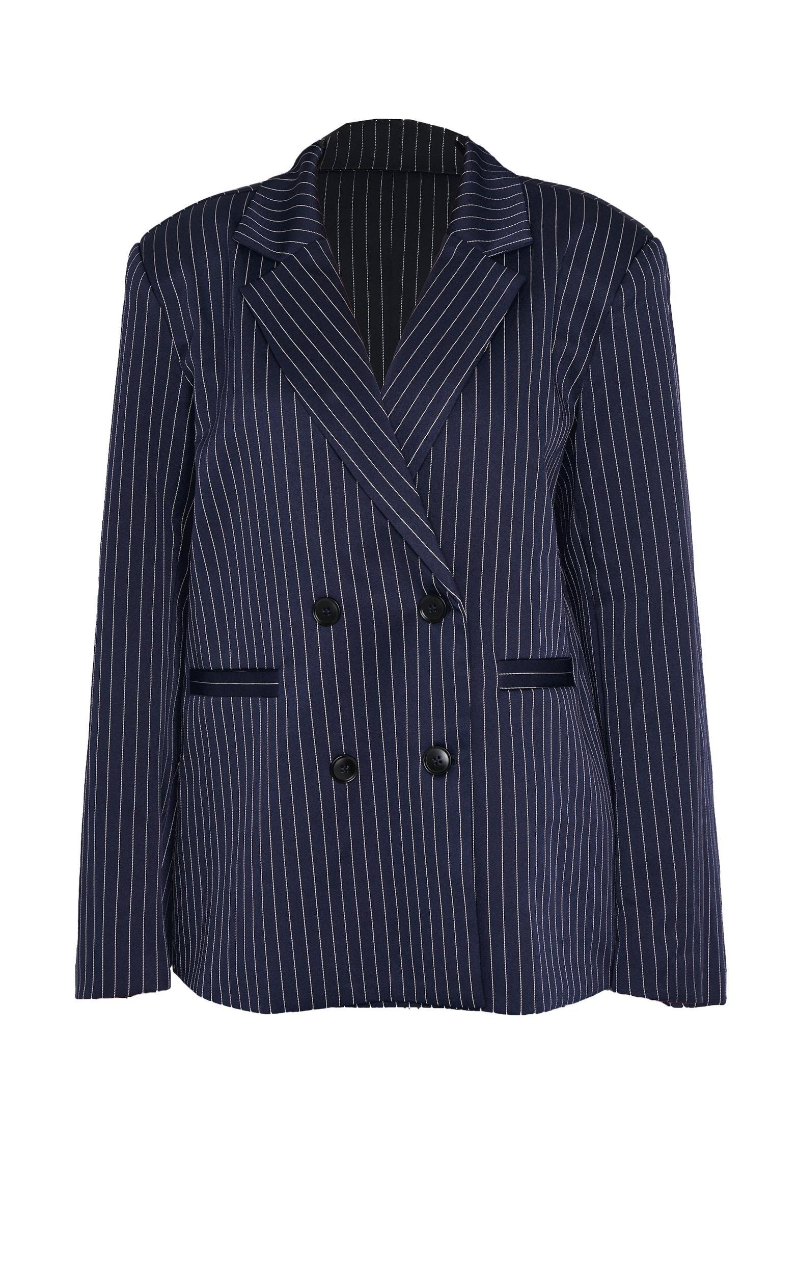Dark Blue Pinstripe Double Breasted Oversized Blazer Product Image