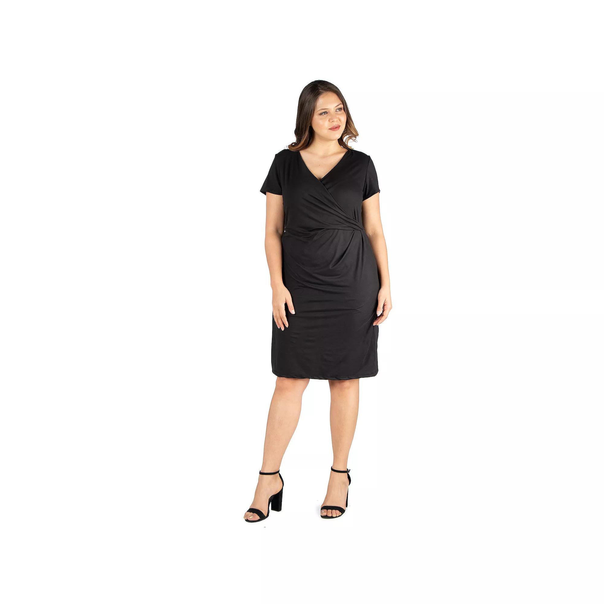Plus Size 24seven Comfort Apparel Short Sleeve V-Neck Faux Wrap Dress, Women's, Size: 3XL, Black Product Image