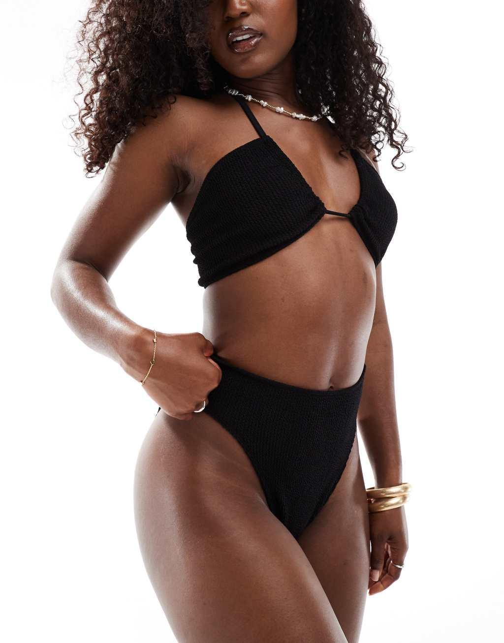 ASOS DESIGN Amy mix and match crinkle high leg high waist bikini bottom in black Product Image