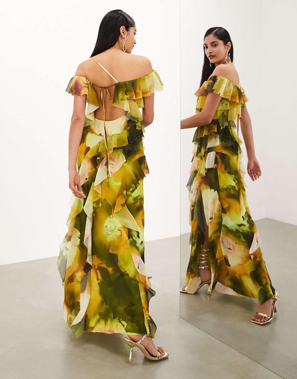 ASOS EDITION chiffon bardot ultimate ruffle maxi dress Product Image