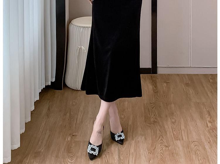 Long Sleeve Mock Neck Plain Lace Panel Velvet Mermaid  Midi Dress Product Image