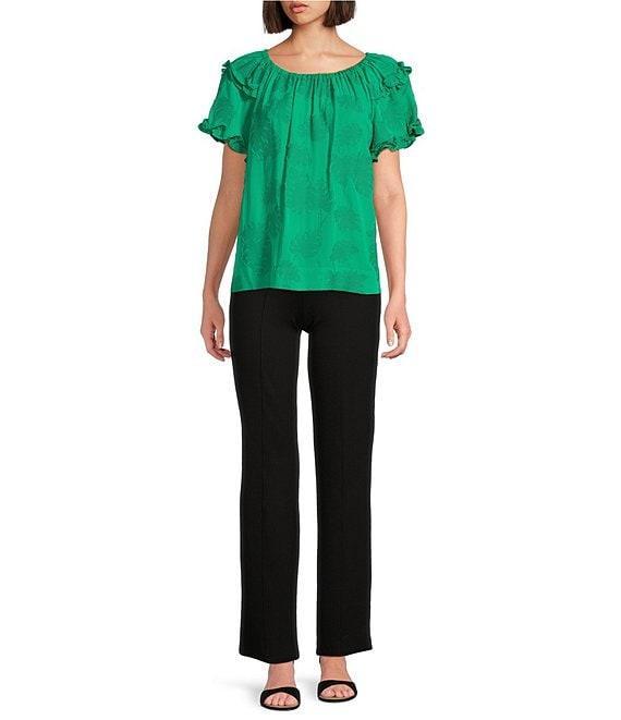 Slim Factor By Investments Heidi Palm Jacquard Elastic Linen Blend Crew Neckline Short Sleeve Top Product Image