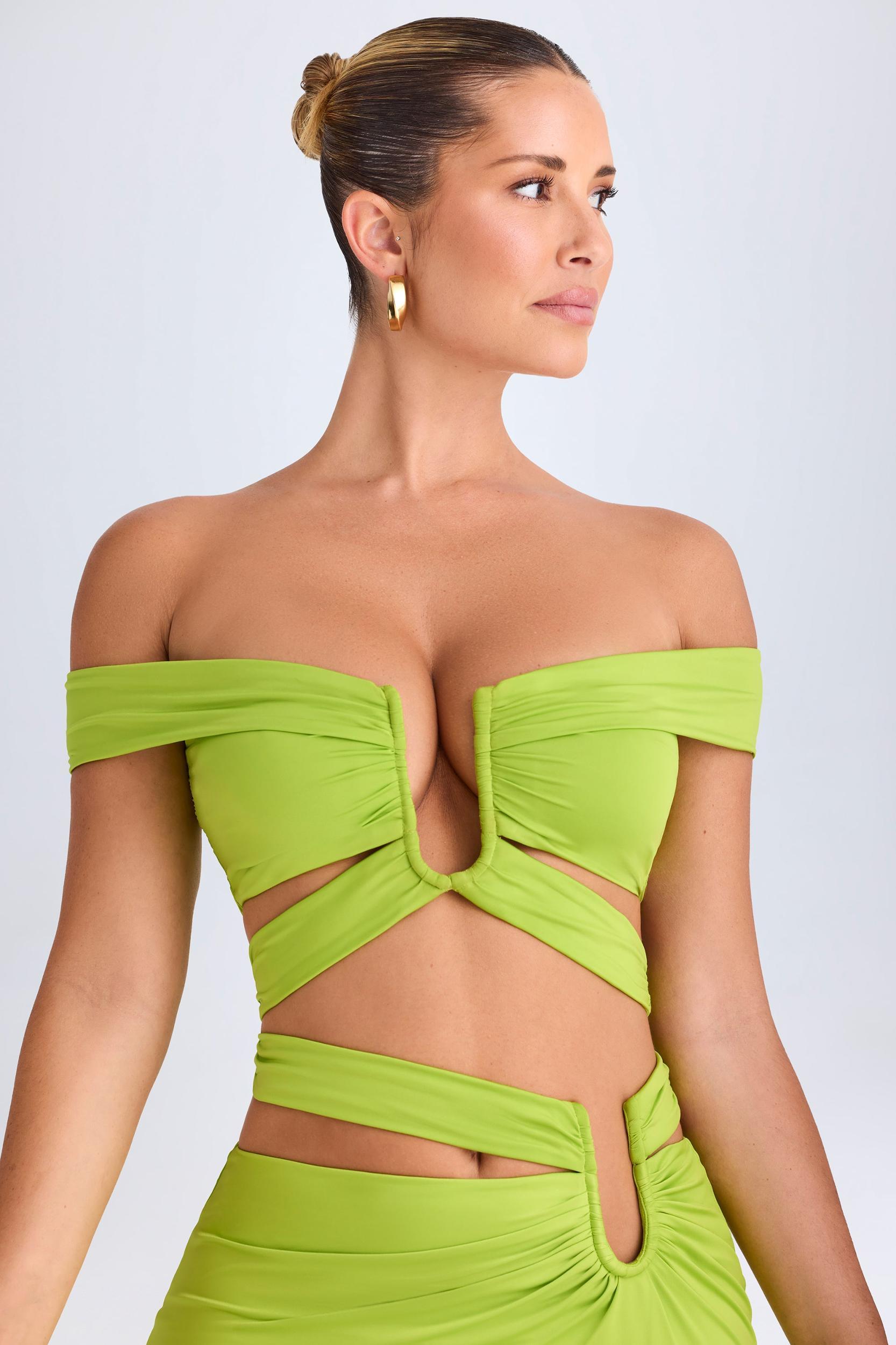 Cut-Out Off-Shoulder Crop Top in Lime Green Product Image