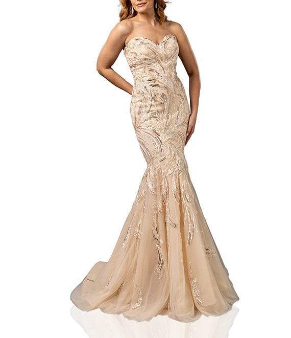 Terani Couture Sweetheart Neck Beaded Tulle Strapless Mermaid Gown Product Image