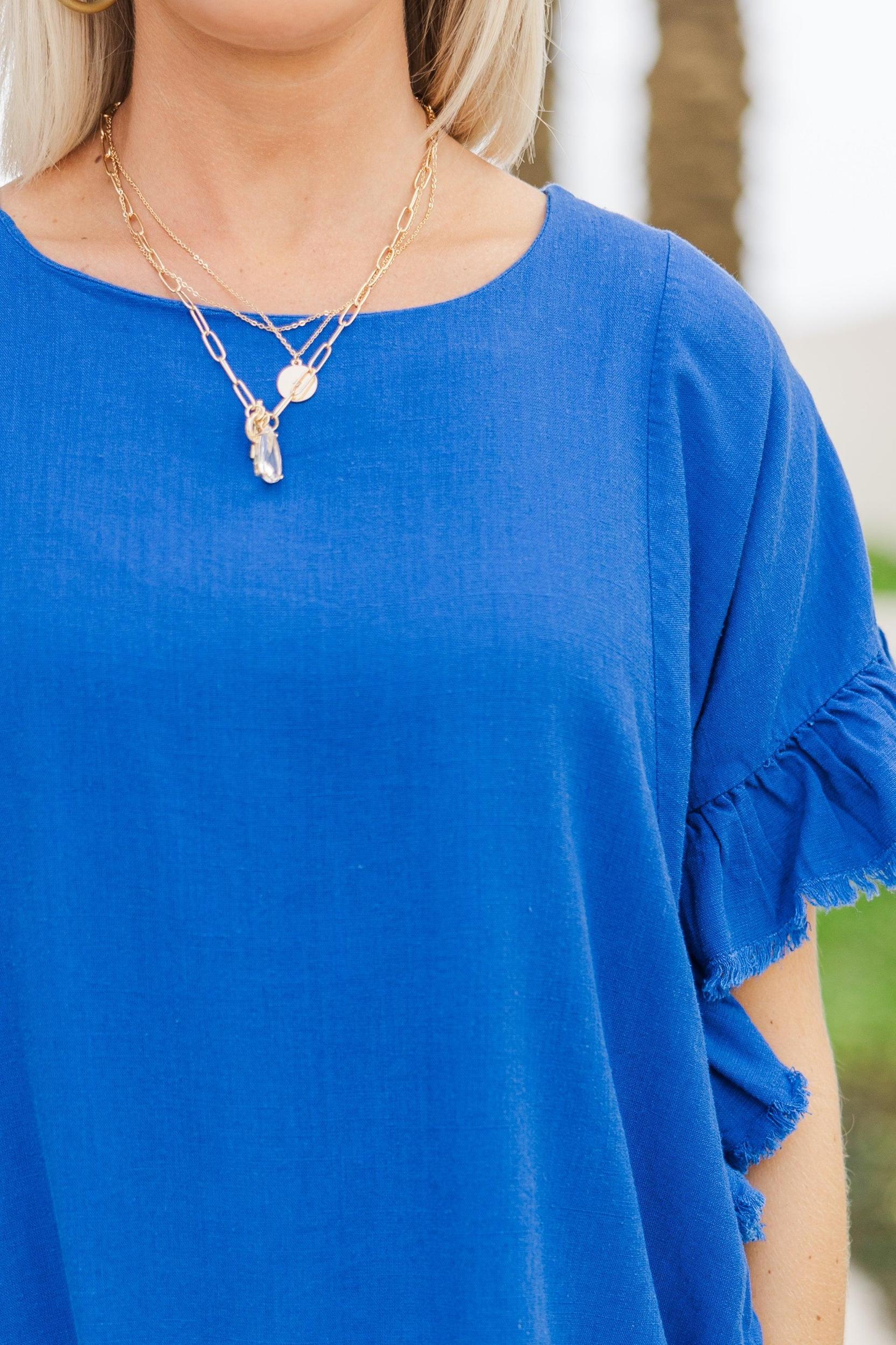 Find You Out Royal Blue Linen Top Female Product Image